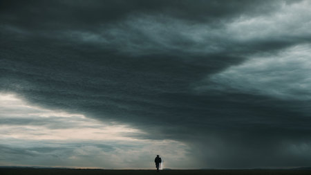 Silhouette of a man standing in front of a stormy skyの素材