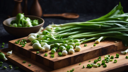 Fresh green onion on wooden cutting board with wooden spoon on dark backgroundの素材