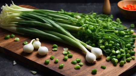 Fresh green spring onions on a wooden cutting board on a dark backgroundの素材