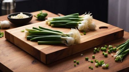 Bunch of fresh spring onions on a wooden cutting board. Cooking concept.の素材
