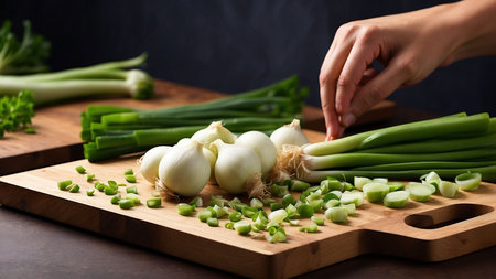 Fresh spring onions on a cutting board and a woman's hand, close-upの素材