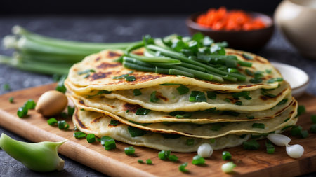 Homemade potato pancakes with green onion and chives on wooden boardの素材