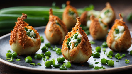 Baked potatoes stuffed with cheese and green peas on a plate.の素材