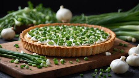 Tart with green onion and garlic on wooden board, closeupの素材
