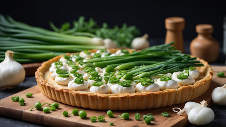 Tart with fresh green onions and garlic on wooden board, closeupの素材