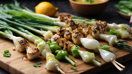 Tasty grilled chicken kebabs on cutting board, closeupの素材