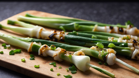 Fresh spring onions with garlic and sesame seeds on a wooden boardの素材