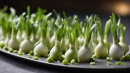 Sprouting spring onions on a black background. Selective focus.の素材