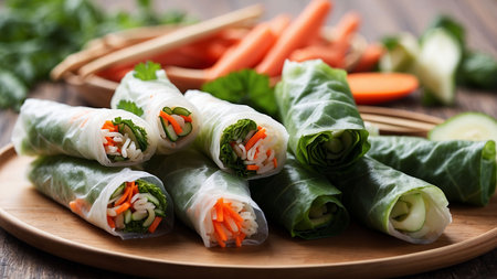 Fresh spring rolls with carrot and cucumber on wooden table, closeupの素材