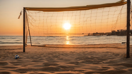 Volleyball net on the beach at sunset time with copy spaceの素材