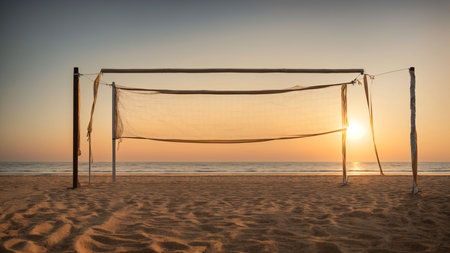 Volleyball net on the beach at sunset. Vacation and travel conceptの素材