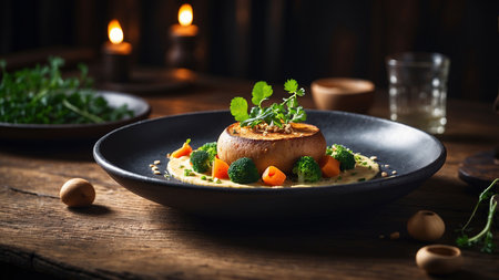 Baked champignon with broccoli, carrot and parsley on wooden backgroundの素材