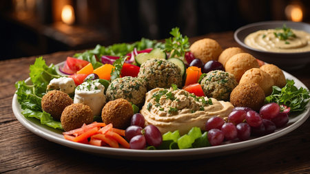 Plate of hummus, falafel balls and fresh vegetablesの素材