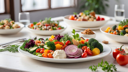 Vegetable salad with feta cheese and fresh vegetables on white plateの素材