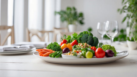 Plate with fresh vegetable salad on white wooden table, closeupの素材