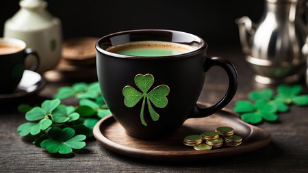 Cup of coffee with clover leaves and coins on wooden tableの素材
