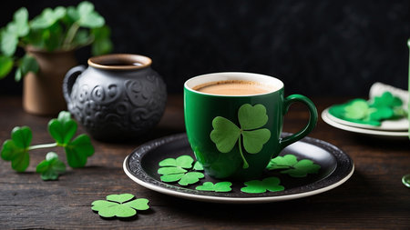 Cup of coffee with four leaf clover on wooden table, closeupの素材