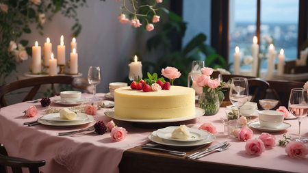 Luxury wedding table setting with cake, flowers and candles.の素材