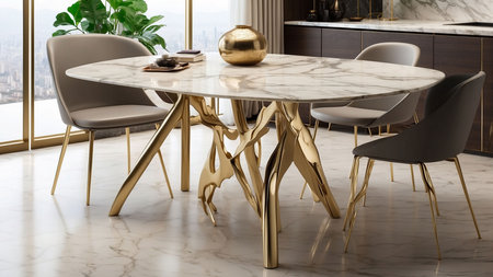 Luxury dining room interior with white marble table and gold chairs. 3d renderの素材