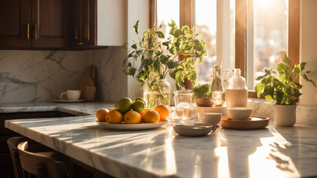Lemon and orange on the kitchen table in the morning light.の素材