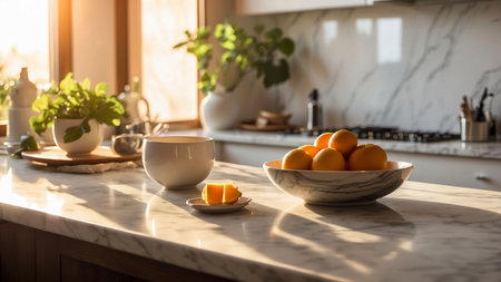 cup of coffee and orange on the table in the kitchen at homeの素材