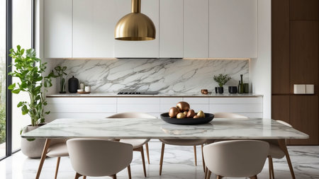 Modern kitchen interior design with white marble and granite countertops. 3d renderの素材