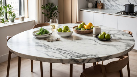 Luxury kitchen interior design. White marble table with glass of white wine and fresh fruitsの素材