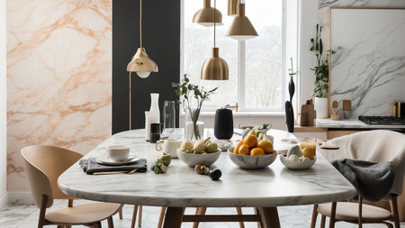 Kitchen interior design with table and chairs in modern scandinavian styleの素材