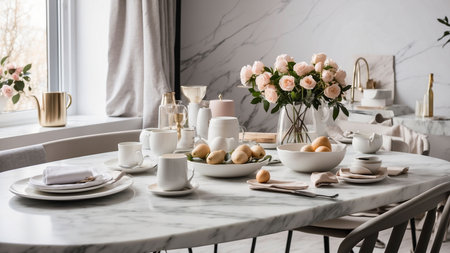 Elegant table setting with beautiful flowers in room, closeupの素材