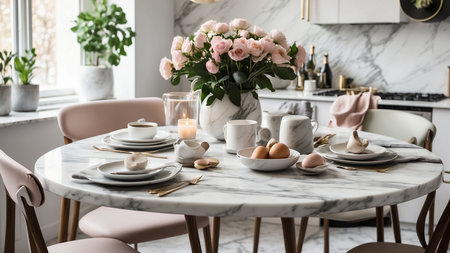 Easter table setting in modern kitchen interior with pink and white decorationの素材