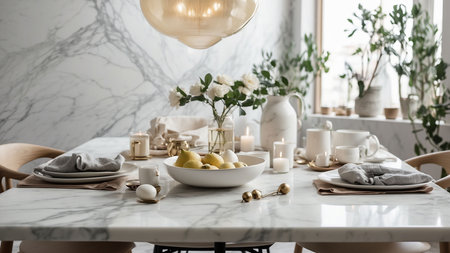Easter table setting in modern dining room with white marble table.の素材