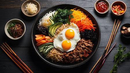 Bibimbap - Korean food style, rice noodles with beef, egg and vegetablesの素材