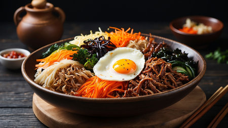 Bibimbap, Korean style noodles with vegetables and fried eggの素材