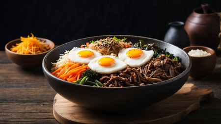 Bibimbap, japanese noodle with beef and eggの素材