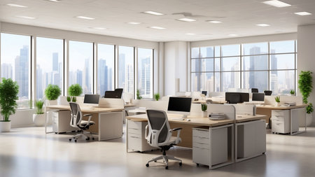 Modern office interior with panoramic window and city view. 3D Renderingの素材