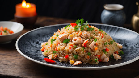 fried rice with shrimps and vegetables on black plate on wooden tableの素材