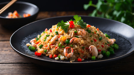 Fried rice with shrimps and vegetables on black plate.の素材