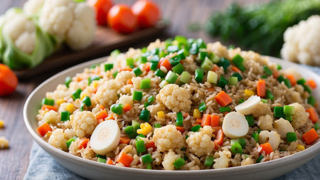 Vegetable fried rice with cauliflower, carrot, onion and bell pepperの素材