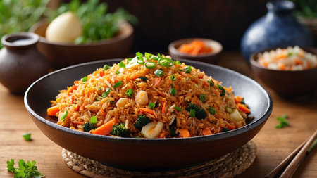 Fried rice with vegetables in a bowl on a wooden table.の素材