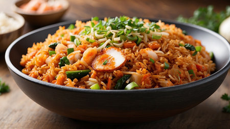 Fried rice with chicken and vegetables in a bowl on wooden backgroundの素材
