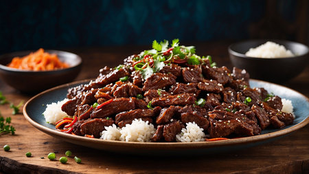 Stir-fried beef with rice and vegetables on wooden table.の素材