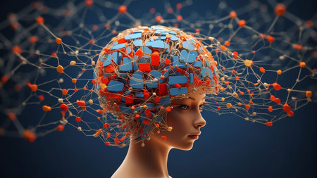 3D rendering of a female cyborg with a low poly brainの素材