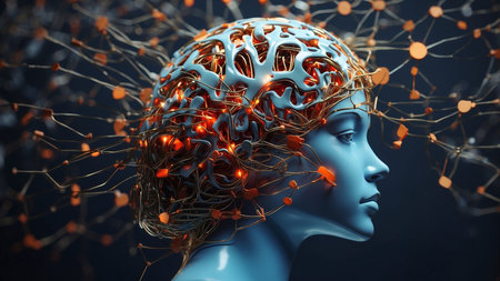 Human brain and neurons. Artificial intelligence. 3D illustration. Science background.の素材