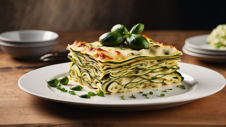 Plate with zucchini lasagna on wooden table, closeupの素材