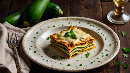 Zucchini lasagna with cheese and herbs on rustic wooden tableの素材