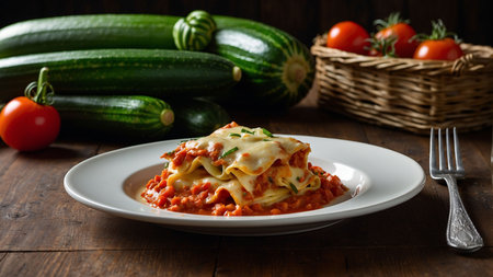 Tasty lasagna with zucchini and tomato sauce on wooden tableの素材