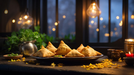 Traditional oriental samosas on a dark background. Selective focus.の素材