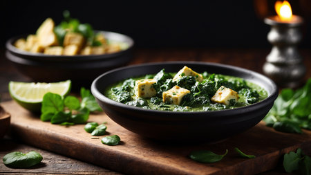 Spinach cream soup with croutons in a bowl.の素材