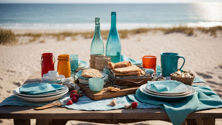 Picnic on the beach. Table setting with food and drinks.の素材