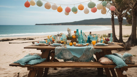 Table set for a picnic on the beach at sunset. Sea viewの素材